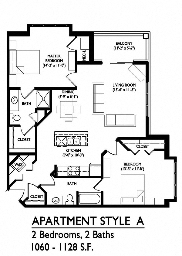 Floor plan for 2 beds, 2 baths, 1060 sqft